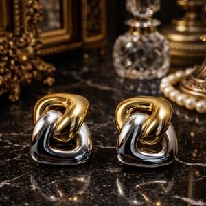 VINTAGE 80s TWO-TONE LINK PIERCED EARRINGS GOLD & SILVER TONE, CHUNKY STATEMENT